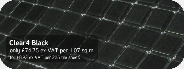 Azurra Clear4 Black 2cm x 2cm crystal clear glass mosaics. Only £74.75 ex VAT per 1.07 sq m (or £8.93 ex VAT per 225 tile sheet)