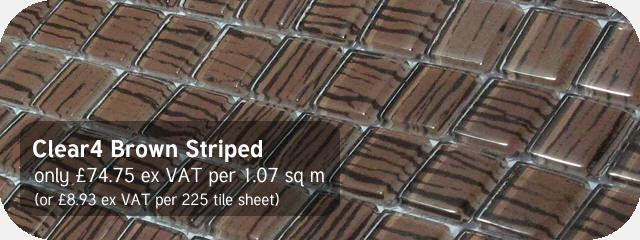 Azurra Clear4 Brown Striped / Tiger Striped 2cm x 2cm crystal clear glass mosaics. Only £74.75 ex VAT per 1.07 sq m (or £8.93 ex VAT per 225 tile sheet)