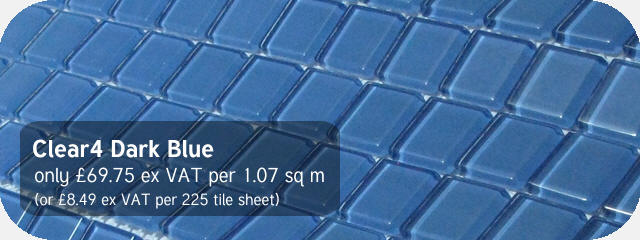 Azurra Clear4 Dark Blue 2cm x 2cm crystal clear glass mosaics. Only £74.75 ex VAT per 1.07 sq m (or £8.93 ex VAT per 225 tile sheet)