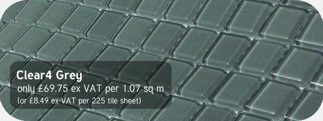 Azurra Clear4 Grey 2cm x 2cm crystal clear glass mosaics. Only £69.45 ex VAT per 1.07 sq m (or £8.49 ex VAT per 225 tile sheet)