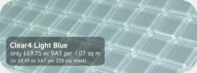 Azurra Clear4 Light Blue 2cm x 2cm crystal clear glass mosaics. Only £69.75 ex VAT per 1.07 sq m (or £8.49 ex VAT per 225 tile sheet)