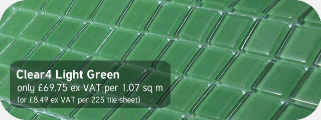 Azurra Clear4 Light Green 2cm x 2cm crystal clear glass mosaics. Only £69.75 ex VAT per 1.07 sq m (or £8.49 ex VAT per 225 tile sheet)