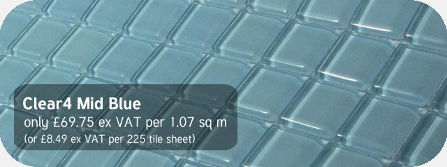 Azurra Clear4 Mid Blue 2cm x 2cm crystal clear glass mosaics. Only £69.75 ex VAT per 1.07 sq m (or £8.49 ex VAT per 225 tile sheet)