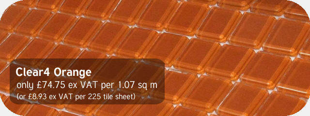 Azurra Clear4 Orange 2cm x 2cm crystal clear glass mosaics. Only �74.75 ex VAT per 1.07 sq m (or �8.93 ex VAT per 225 tile sheet)