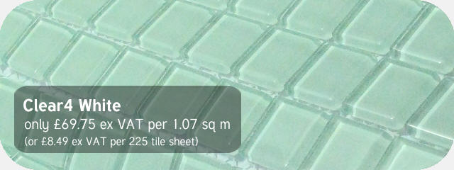 Azurra Clear4 White 2cm x 2cm crystal clear glass mosaics. Only £69.45 ex VAT per 1.07 sq m (or £8.49 ex VAT per 225 tile sheet)
