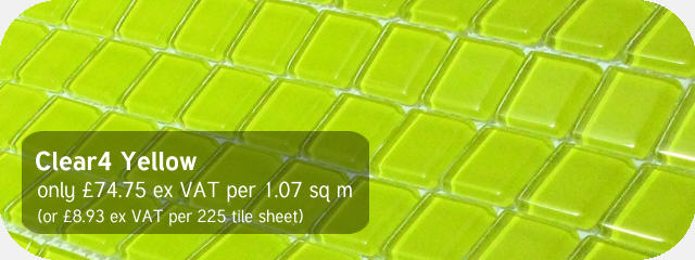Azurra Clear4 Yellow 2cm x 2cm crystal clear glass mosaics. Only £74.75 ex VAT per 1.07 sq m (or £8.93 ex VAT per 225 tile sheet)