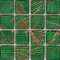 Azurra Mid Green with Gold Streaks / Gold Flecks 2cm x 2cm vitreous glass mosaics. Only £79.75 ex VAT per 1.07 sq m (or £9.57 ex VAT per 225 tile sheet)